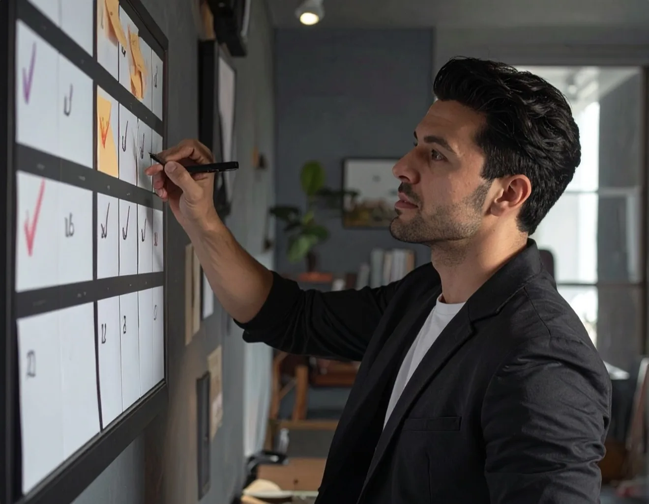 Participant organizing a practical development plan on a wall calendar