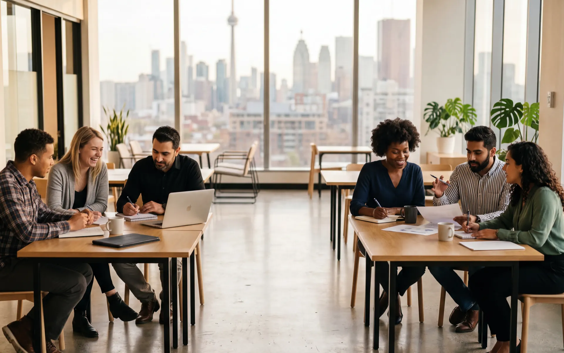 Diverse pilot cohort reviewing notes together in a bright office