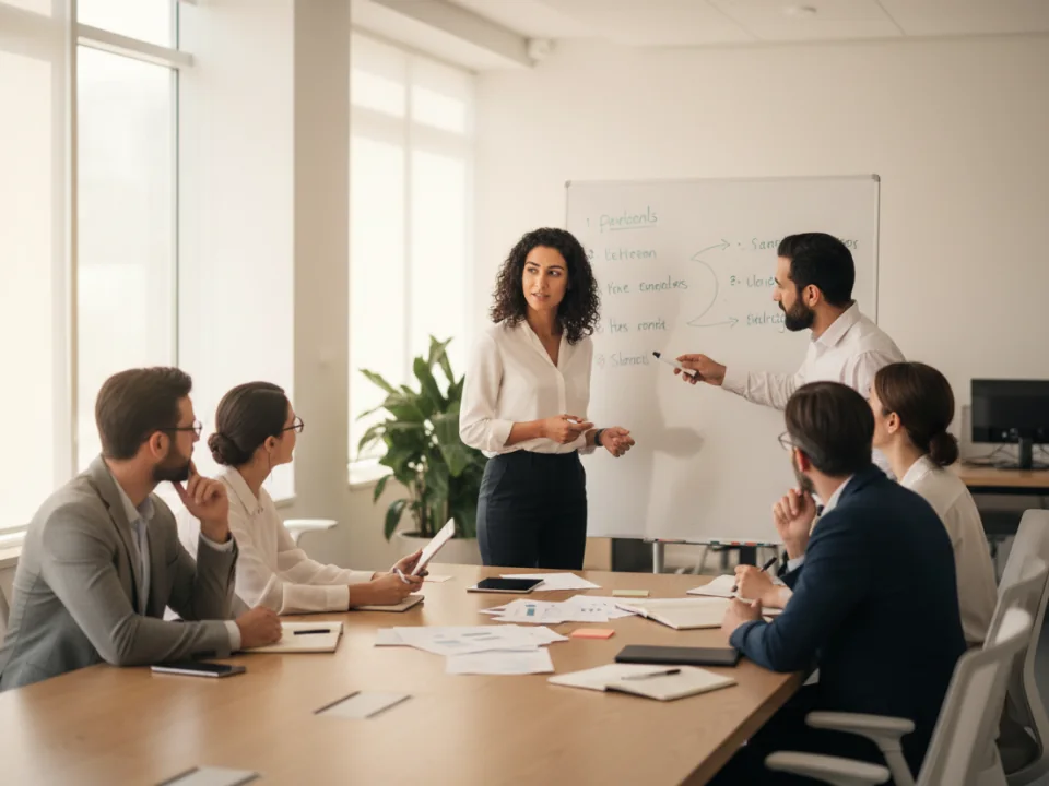 Business plan stakeholders coordinating a rollout around a whiteboard