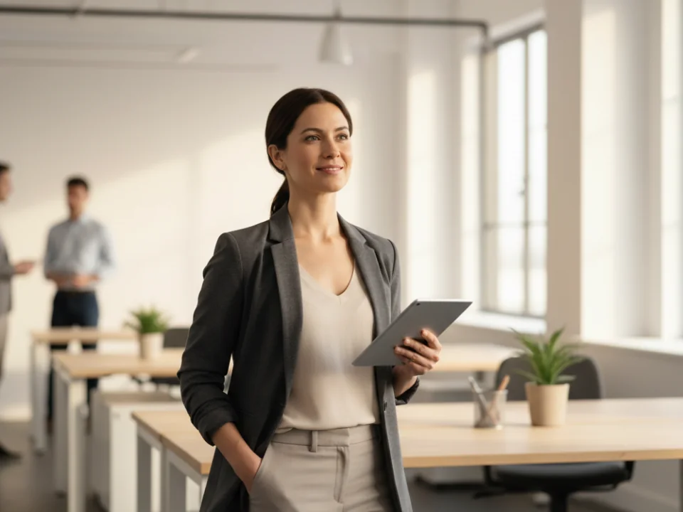 Leadership program participant looking ahead with a tablet